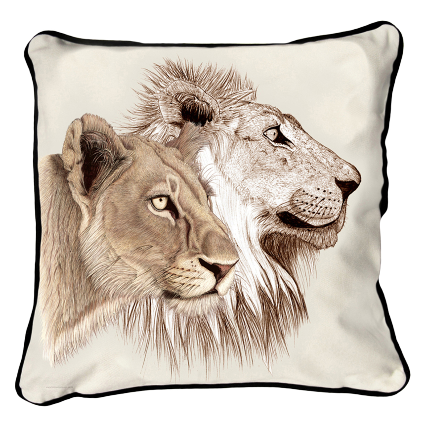 ClassicB090100122 Lion Pair Cushion Cover Size 45cm Square Black Backing & Piping
